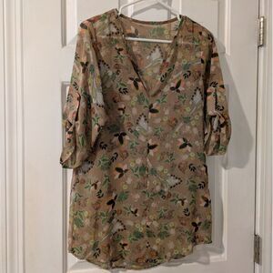 Vintage Earth Tone Paisley V-Neck Blouse - Roll-Tab Sleeves - Small